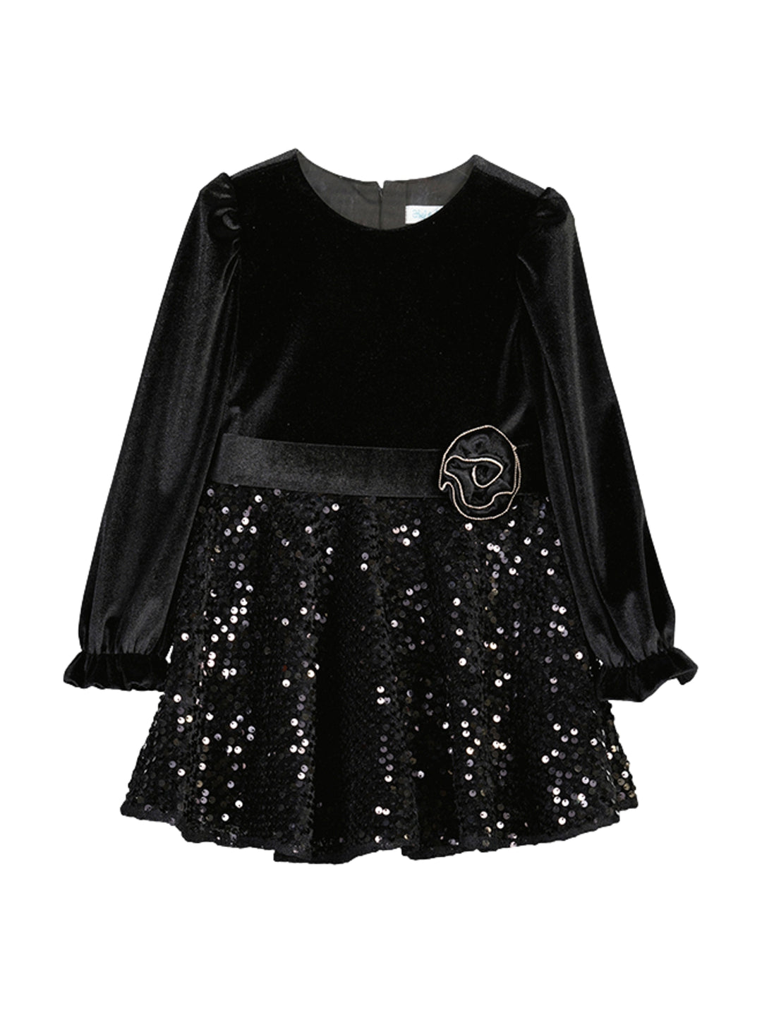Vestido negro para niña con cuerpo de terciopelo y falda de lentejuelas brillantes.