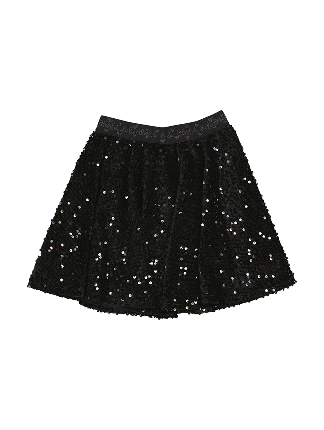 Falda corta de lentejuelas color negro para niña con cintura elástica.