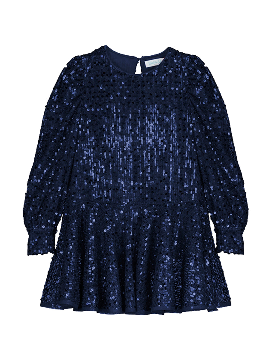 Vestido corto color azul marino con lentejuelas brillantes, manga larga y falda acampanada.