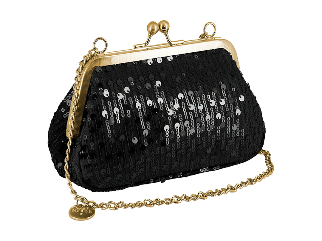Bolso negro pequeño con lentejuelas brillantes, cierre y cadena en color dorado.