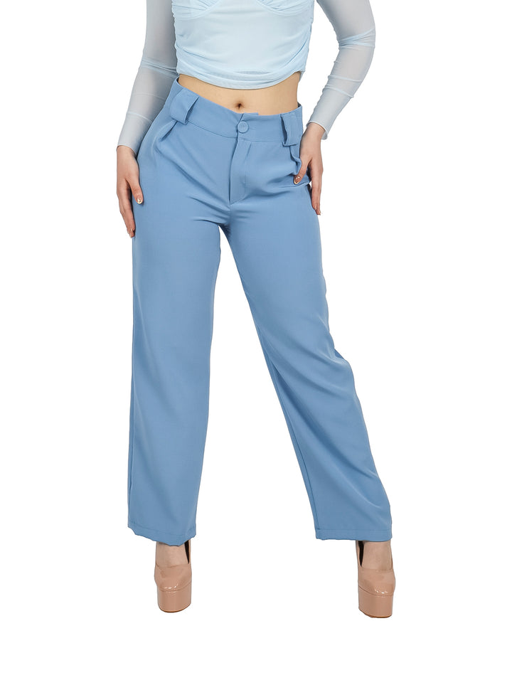 Pantalón recto de color azul denim para mujer con talle alto y corte clásico.