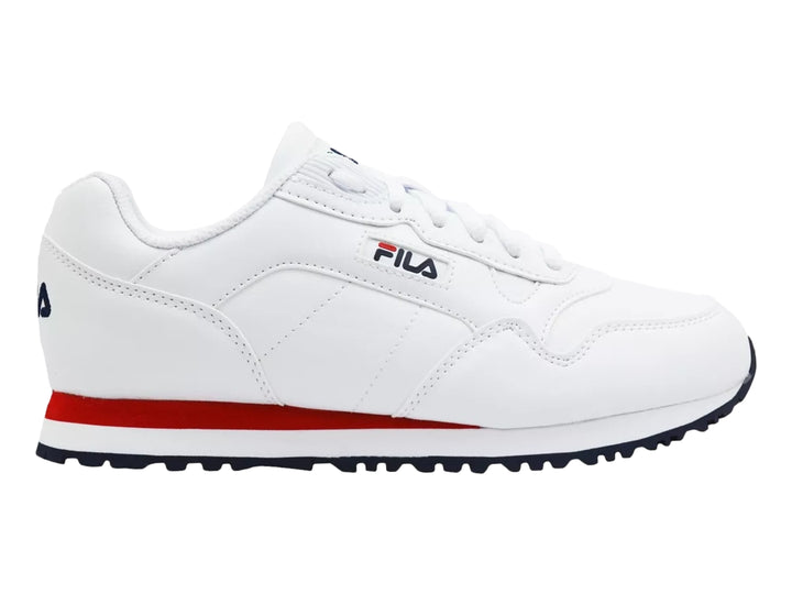 Tenis FILA blancos con franja roja y suela azul marino, vista lateral.