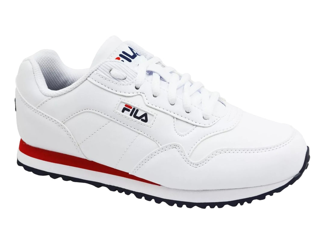 Tenis FILA blancos con franja roja y suela azul marino, vista lateral.