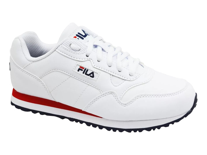 Tenis FILA blancos con franja roja y suela azul marino, vista lateral.