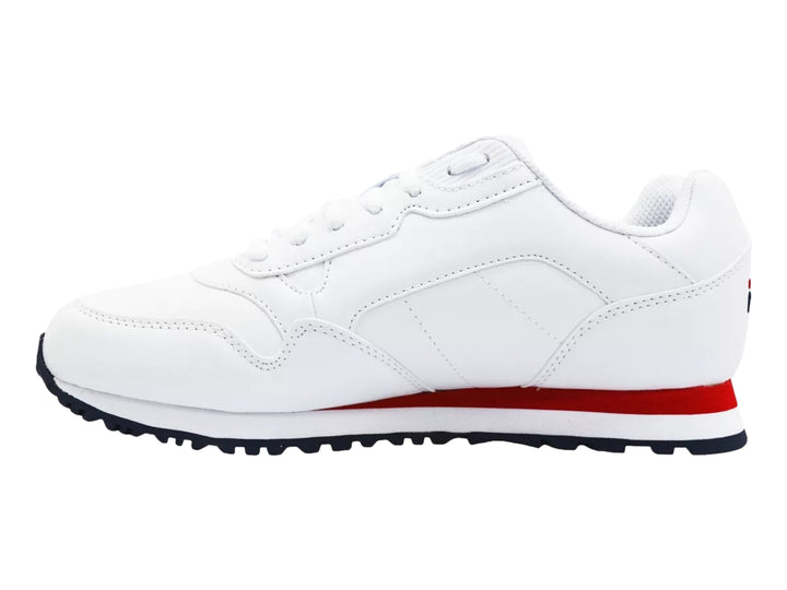 Tenis FILA blancos con franja roja y suela azul marino, vista lateral.