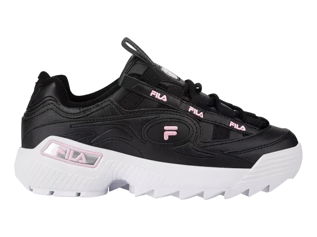 Tenis FILA negros con suela blanca gruesa y detalles en rosa.
