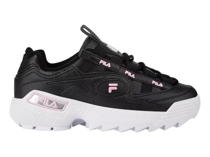 Tenis FILA negros con suela blanca gruesa y detalles en rosa.