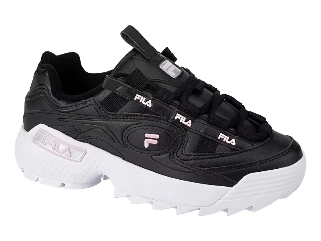 Tenis FILA negros con suela blanca gruesa y detalles en rosa.