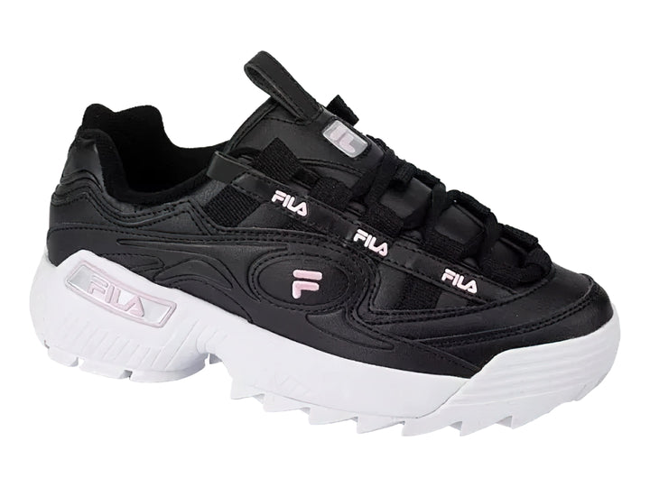 Tenis FILA negros con suela blanca gruesa y detalles en rosa.