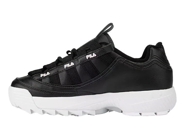 Tenis FILA negros con suela blanca gruesa y detalles en rosa.