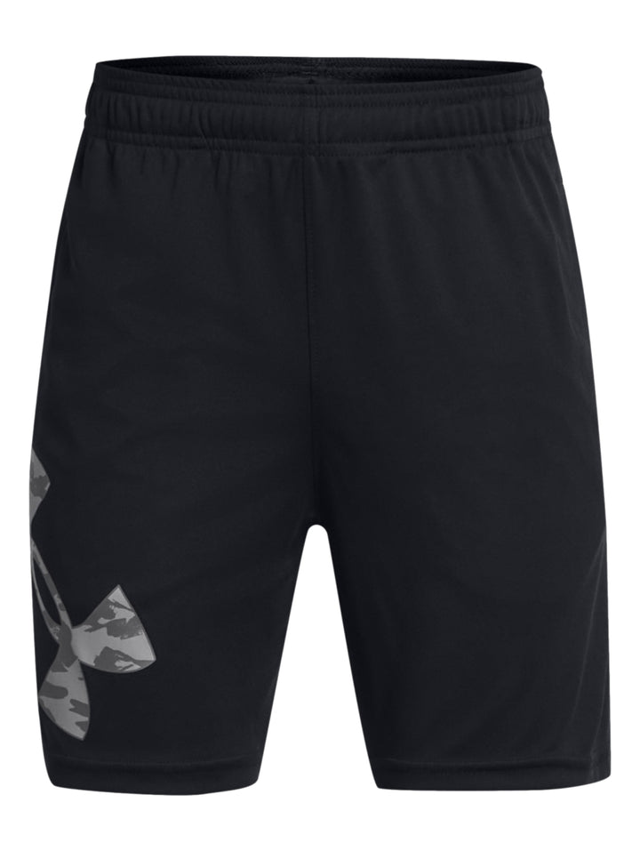 Shorts deportivos Under Armour de color negro con logo en camuflaje gris en la pierna derecha.