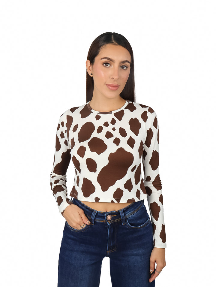 Blusa Corta Frikha Estampado de Vaca Café para Mujer