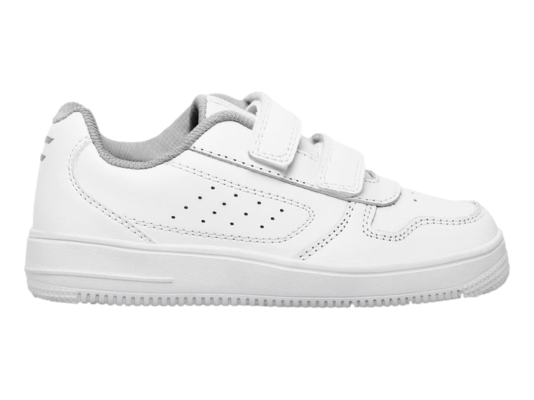 Tenis deportivos blancos con cierre de velcro y suela blanca.