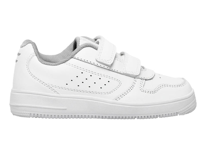 Tenis deportivos blancos con cierre de velcro y suela blanca.