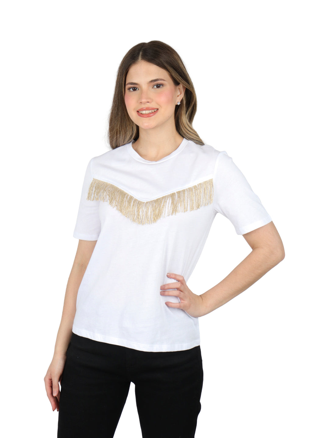 Blusa Frikha Blanca con Flecos Dorados para Mujer