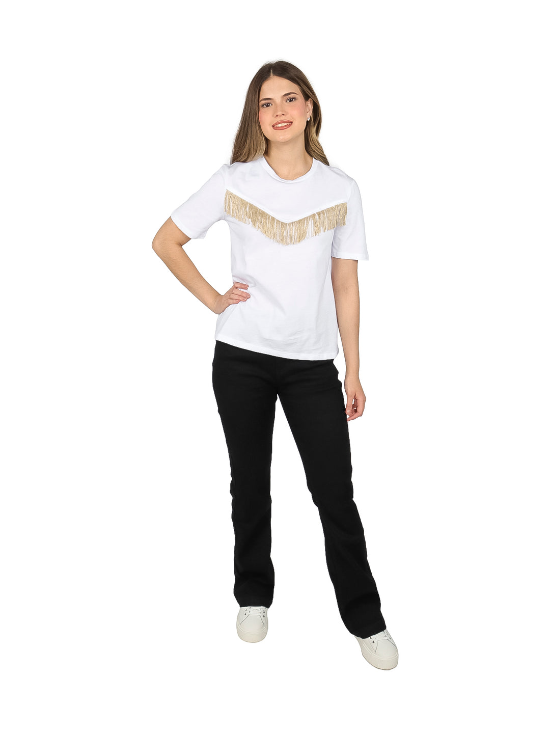Blusa Frikha Blanca con Flecos Dorados para Mujer