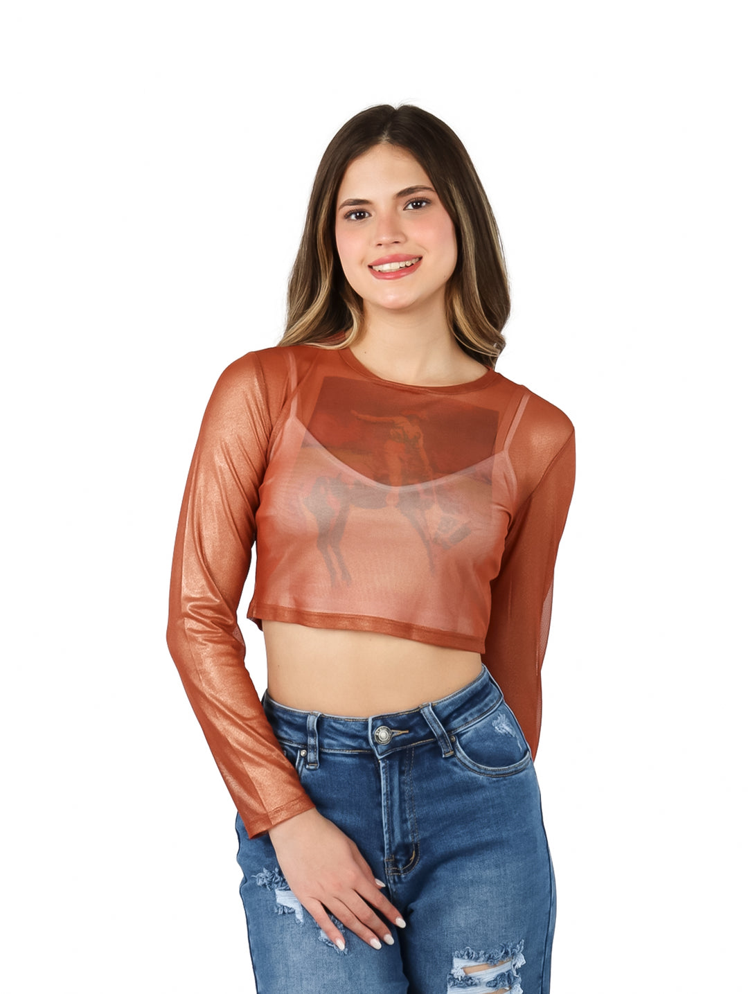 Blusa corta de malla color bronce con brillos y estampado frontal.
