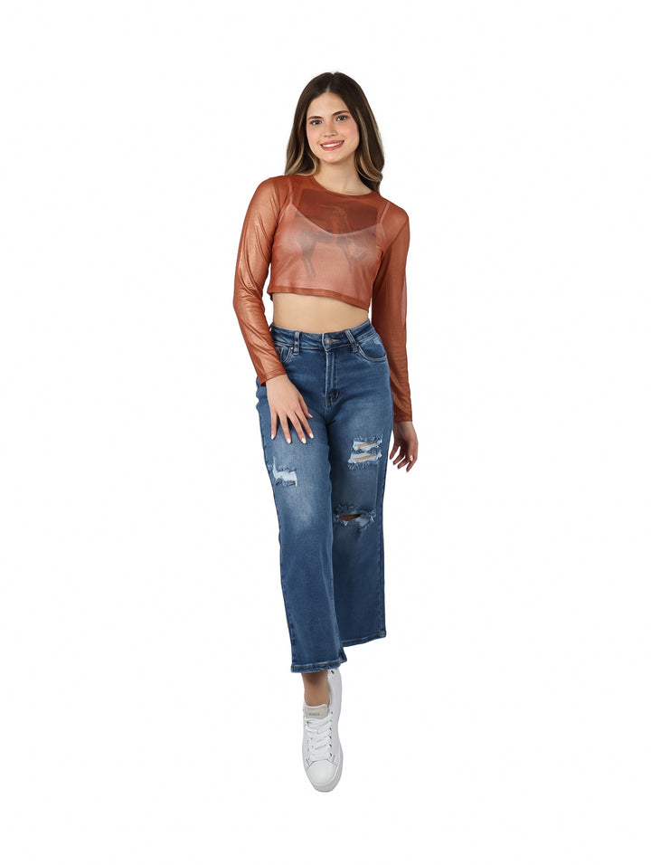 Blusa corta de malla color bronce con brillos y estampado frontal.