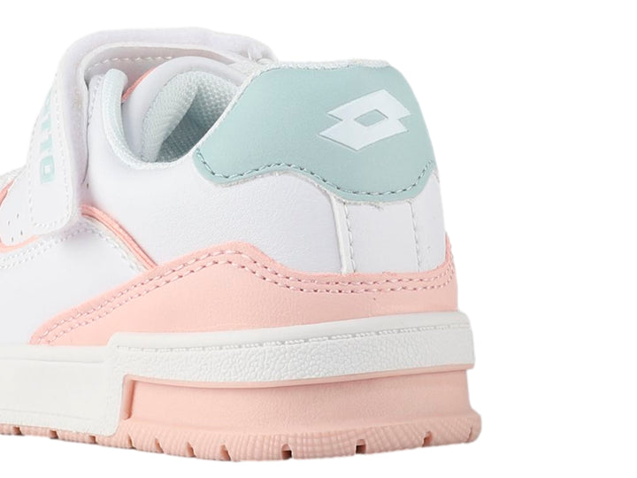 Tenis deportivos blancos con detalles en rosa y azul claro y cierre de velcro.