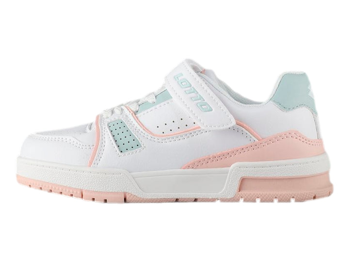 Tenis deportivos blancos con detalles en rosa y azul claro y cierre de velcro.