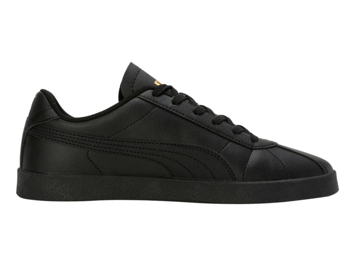 Tenis PUMA Club II SL en color negro total con detalles dorados mínimos, vista lateral.