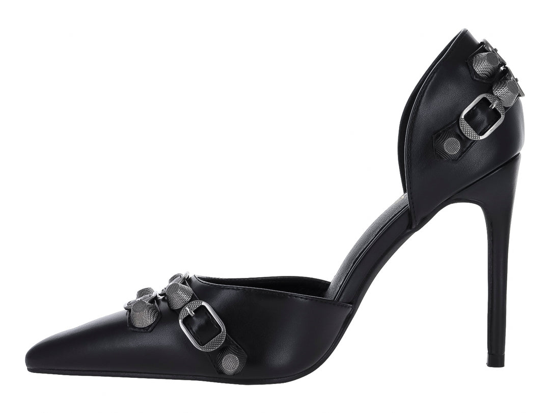 Zapato de tacón alto color negro con detalles de hebillas grises en la punta y el talón.