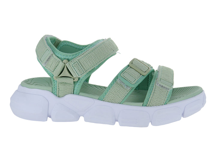 Sandalia ROZE para niña en color verde claro con suela blanca de plataforma y correas ajustables.