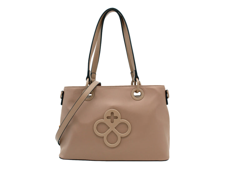 Bolso de hombro Jaime Ibiza en color taupe con asa doble y detalle decorativo frontal circular.