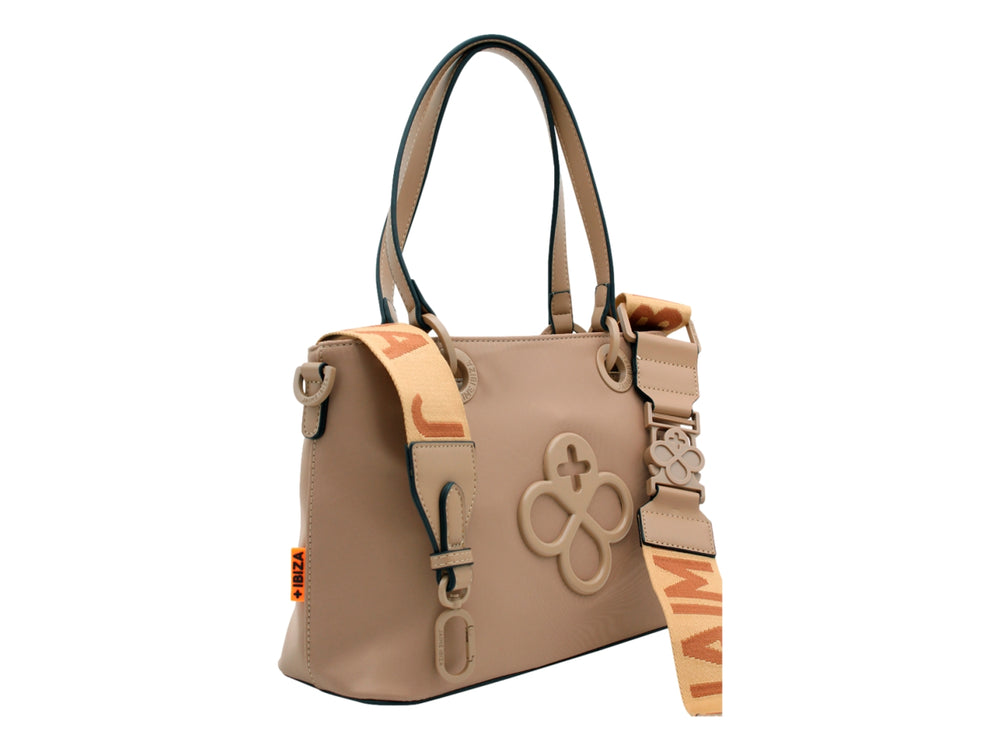 Bolso de hombro Jaime Ibiza en color taupe con asa doble y detalle decorativo frontal circular.