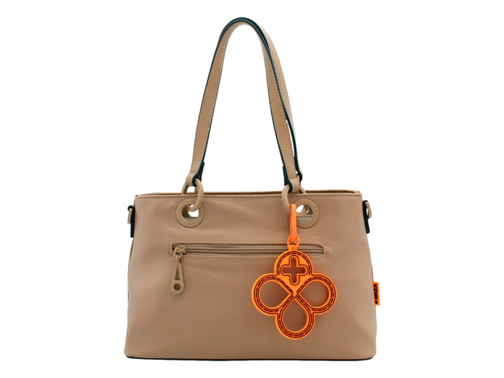 Bolso de hombro Jaime Ibiza en color taupe con asa doble y detalle decorativo frontal circular.