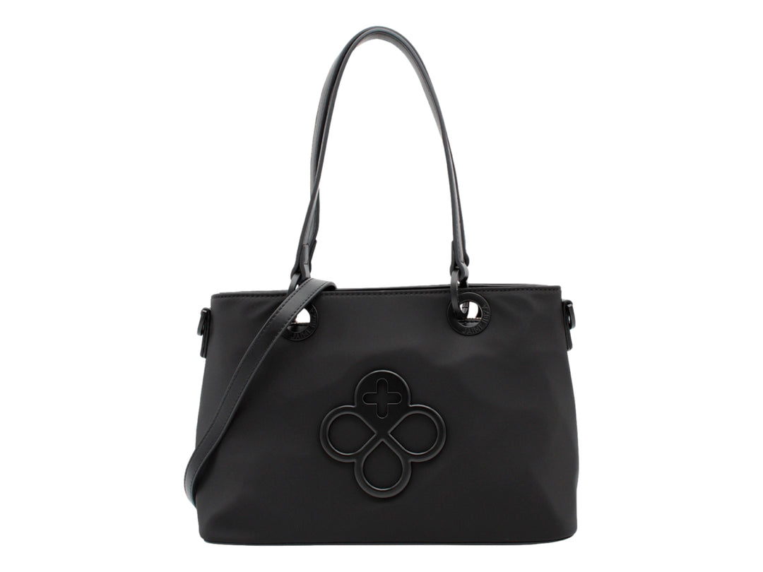Bolso tote color negro de Jaime Ibiza con asa corta y correa larga ajustable.