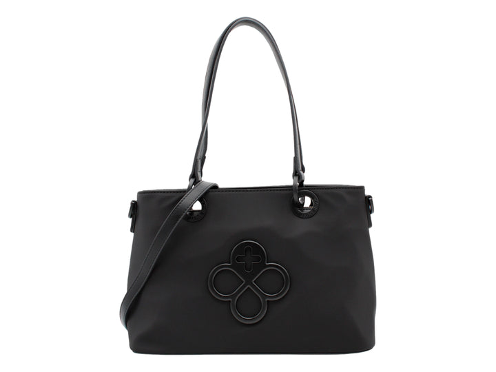 Bolso tote color negro de Jaime Ibiza con asa corta y correa larga ajustable.