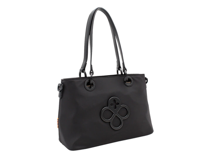 Bolso tote color negro de Jaime Ibiza con asa corta y correa larga ajustable.