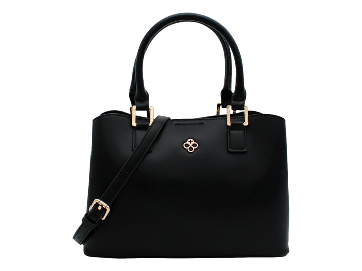 Bolso de mano color negro con herrajes dorados y correa ajustable.