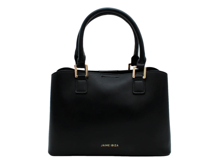 Bolso de mano color negro con herrajes dorados y correa ajustable.