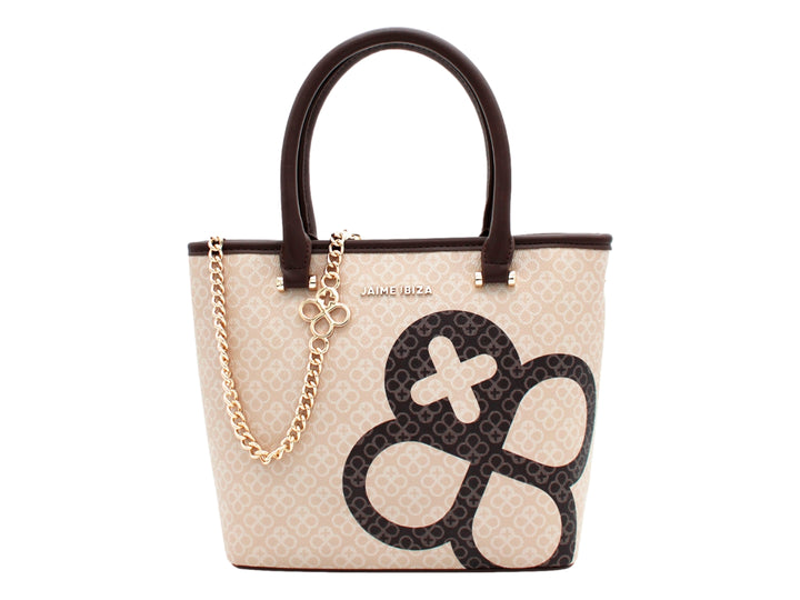 Bolso pequeño Jaime Ibiza en color taupe y chocolate con estampado, asas cortas y detalle de cadena dorada.
