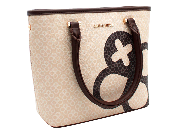 Bolso pequeño Jaime Ibiza en color taupe y chocolate con estampado, asas cortas y detalle de cadena dorada.