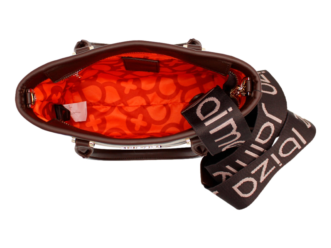 Bolso pequeño Jaime Ibiza en color taupe y chocolate con estampado, asas cortas y detalle de cadena dorada.