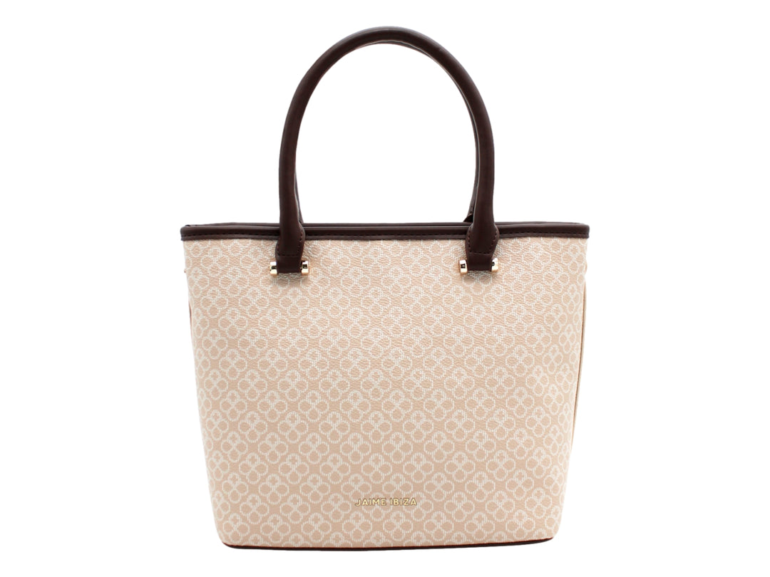 Bolso pequeño Jaime Ibiza en color taupe y chocolate con estampado, asas cortas y detalle de cadena dorada.