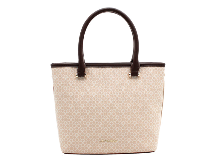 Bolso pequeño Jaime Ibiza en color taupe y chocolate con estampado, asas cortas y detalle de cadena dorada.