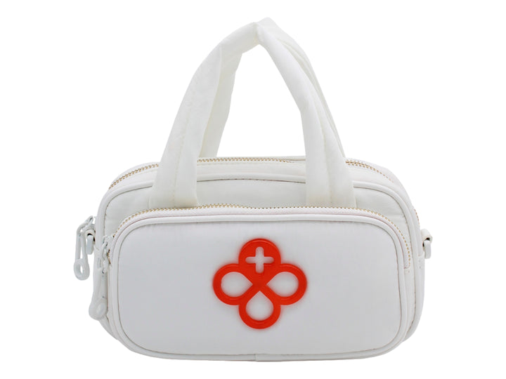 Bolso blanco de Jaime Ibiza con asas y logotipo rojo frontal.