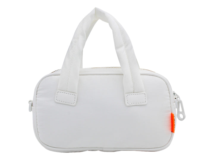 Bolso blanco de Jaime Ibiza con asas y logotipo rojo frontal.
