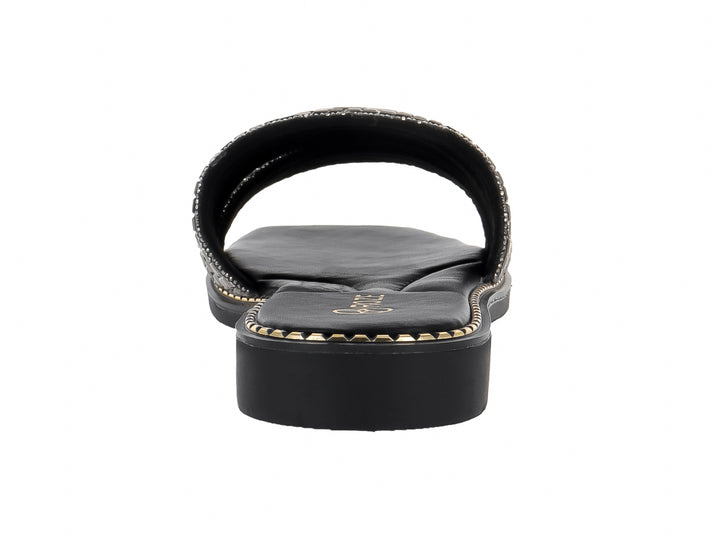 Sandalia negra para mujer con tira ancha adornada con cristales brillantes.