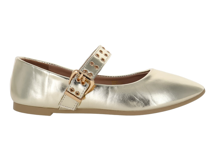 Zapato plano color dorado metálico para niña con correa ajustable y hebilla.