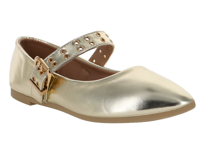 Zapato plano color dorado metálico para niña con correa ajustable y hebilla.