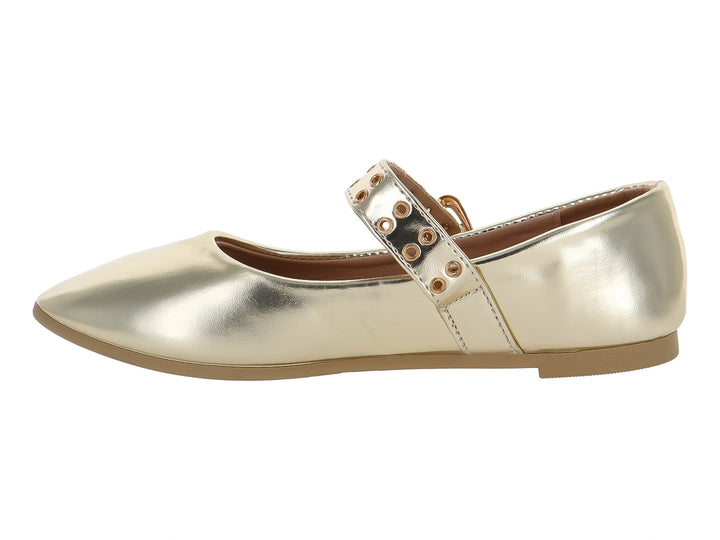 Zapato plano color dorado metálico para niña con correa ajustable y hebilla.
