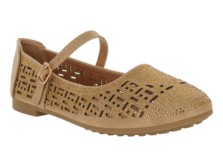 Zapato plano color dorado para niña con diseño perforado, detalles brillantes y correa con hebilla.