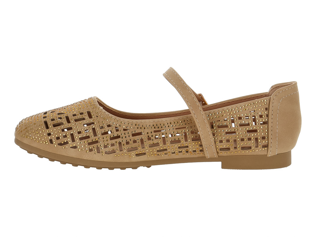 Zapato plano color dorado para niña con diseño perforado, detalles brillantes y correa con hebilla.