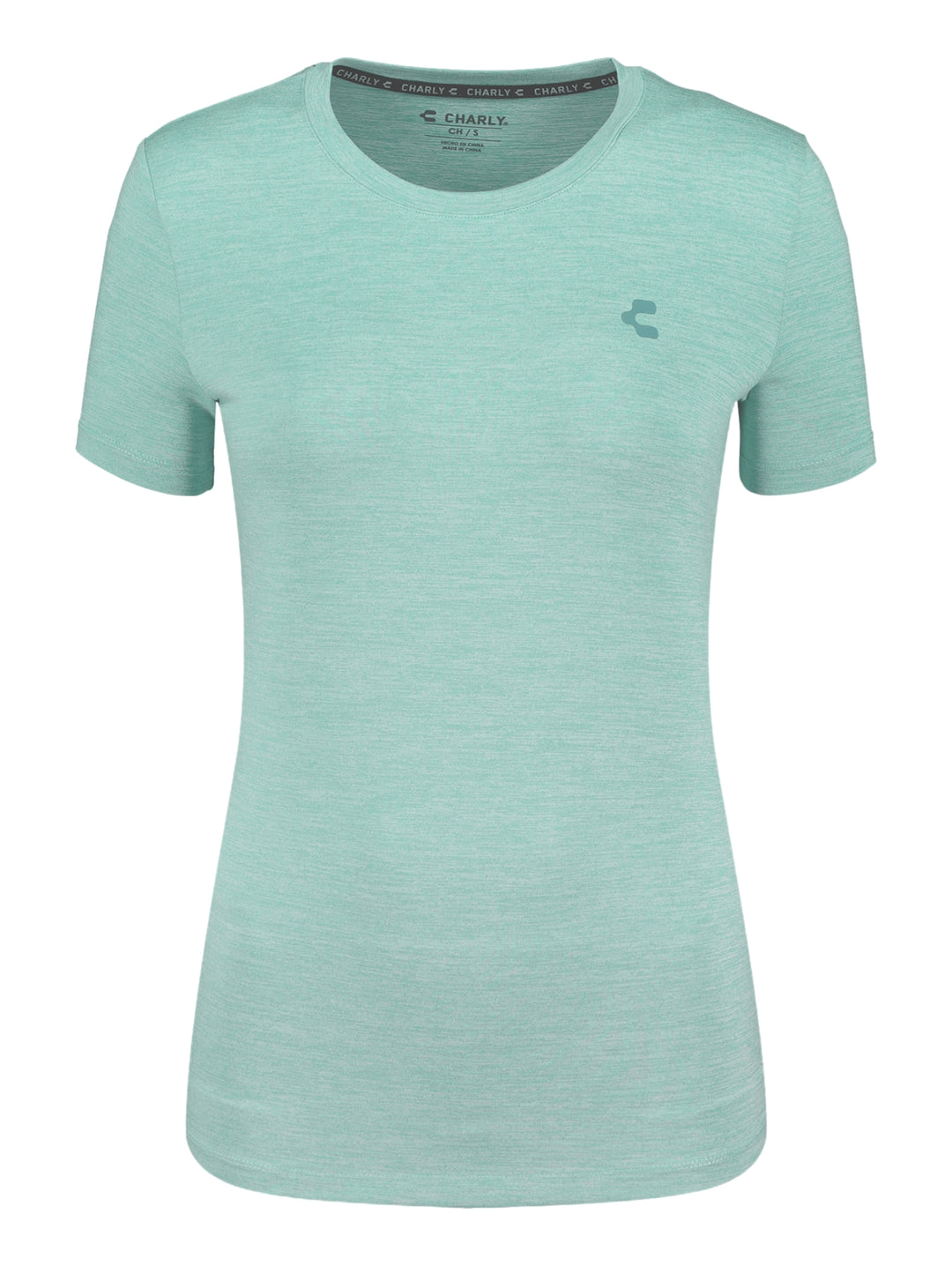 Playera deportiva de color celeste con manga corta y cuello redondo de la marca Charly.