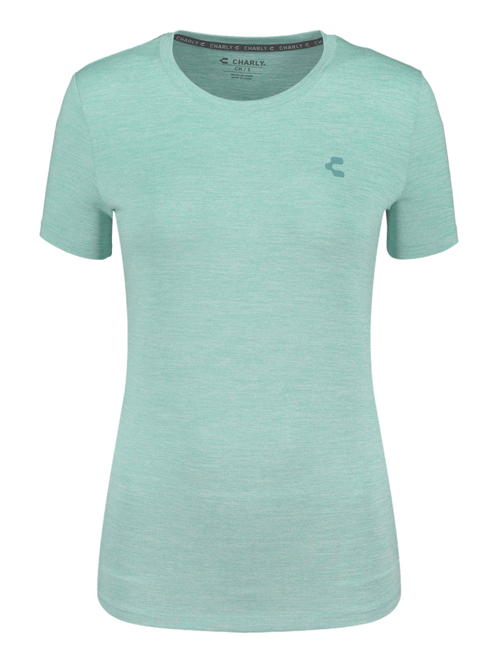 Playera deportiva de color celeste con manga corta y cuello redondo de la marca Charly.